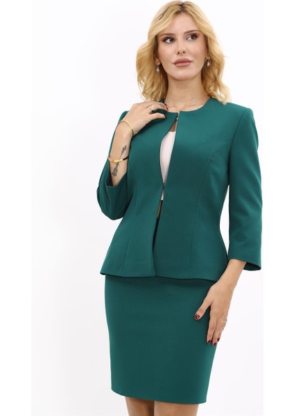 Sıfır Yaka Düz Kısa Ceket-Zümrüt