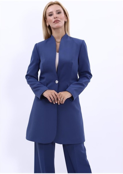 Kendinden Dik Yakalı Tek Düğmeli Uzun Ceket-Indigo