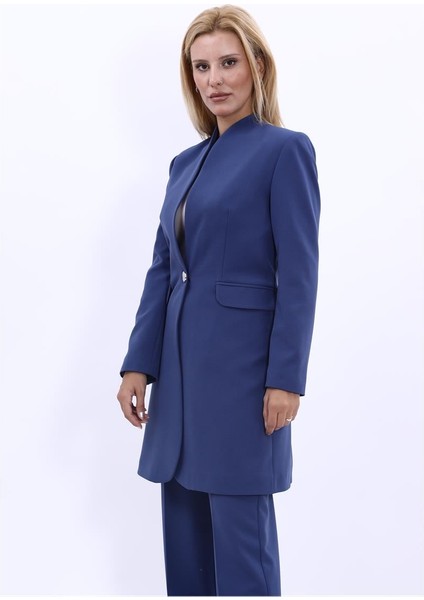 Kendinden Dik Yakalı Tek Düğmeli Uzun Ceket-Indigo modelleri