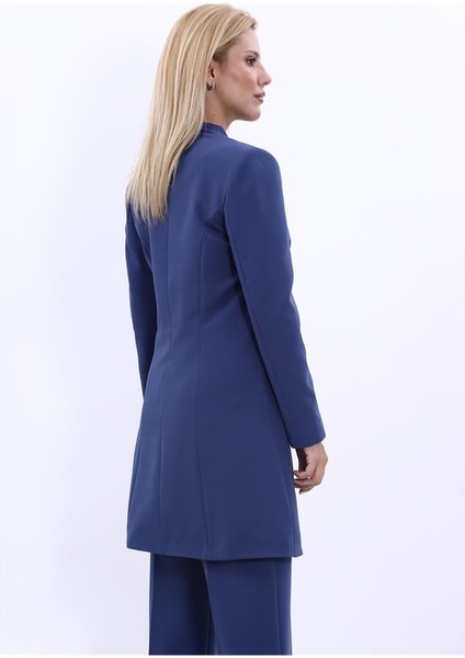 Kendinden Dik Yakalı Tek Düğmeli Uzun Ceket-Indigo fırsatları