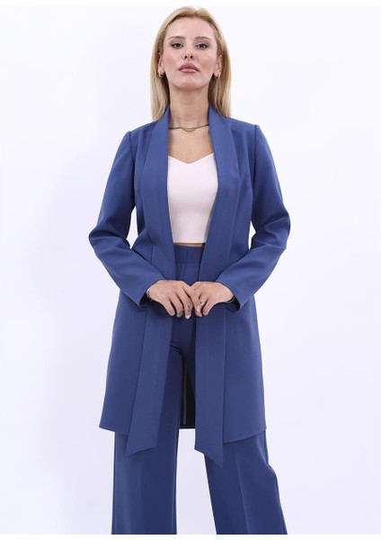 Şal Yaka Uzun Ceket-Indigo