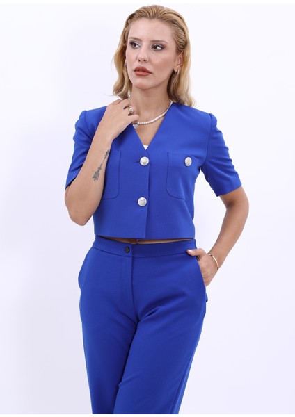 V Yaka Kısa Ceket-Saks
