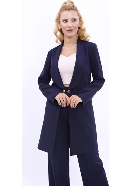 Şal Yaka Cepli Uzun Ceket-Lacivert