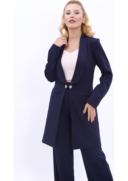 Şal Yaka Cepli Uzun Ceket-Lacivert modelleri
