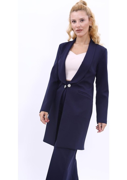 Şal Yaka Cepli Uzun Ceket-Lacivert indirimleri