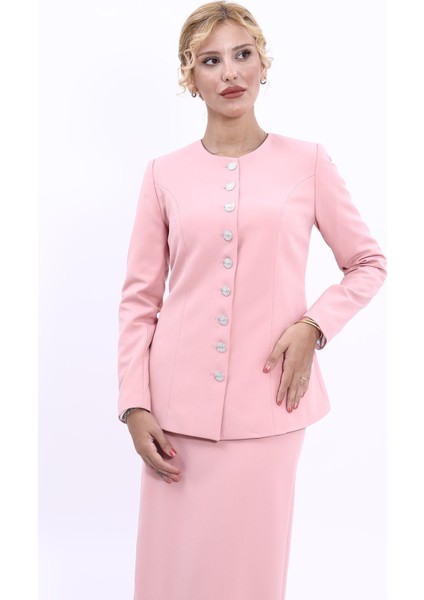 Sıfır Yaka Boydan Düğmeli Ceket-Pudra