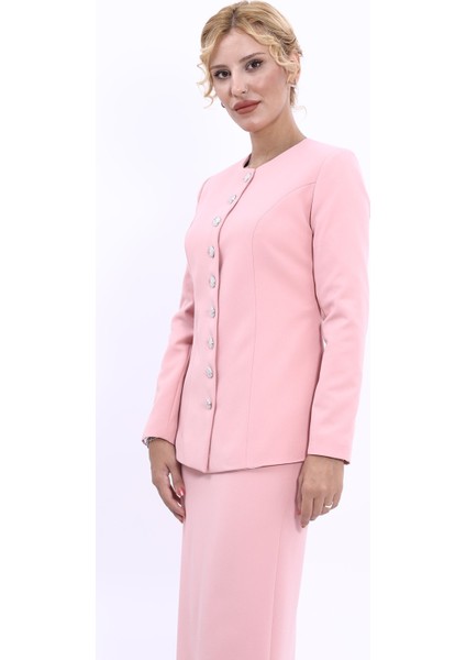 Sıfır Yaka Boydan Düğmeli Ceket-Pudra fiyatları