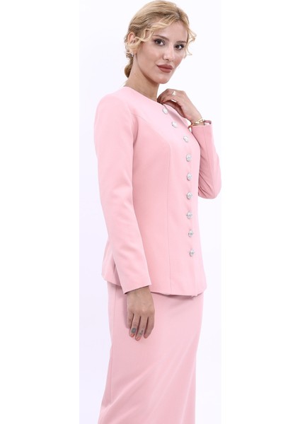Sıfır Yaka Boydan Düğmeli Ceket-Pudra fırsatları