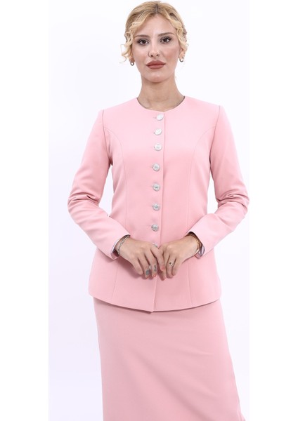 Sıfır Yaka Boydan Düğmeli Ceket-Pudra indirimleri