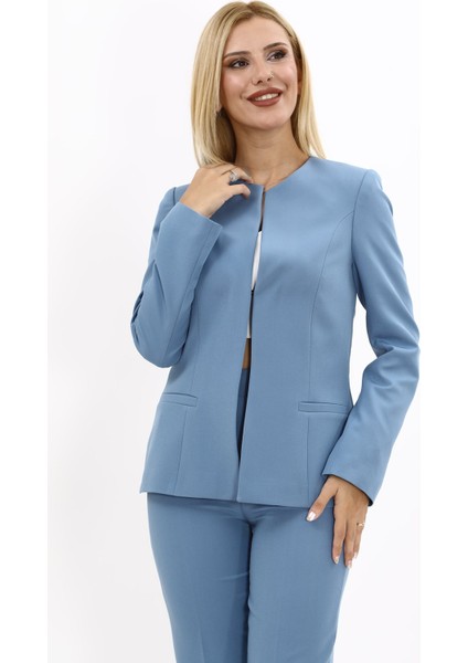 Oval Yaka Yandan Kuplu Klasik Ceket-Deniz
