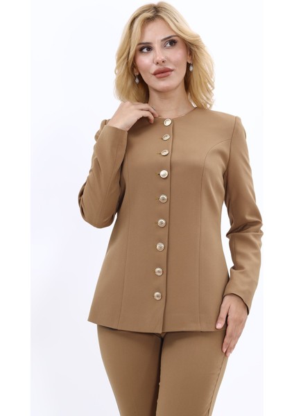 Sıfır Yaka Boydan Düğmeli Ceket-Camel