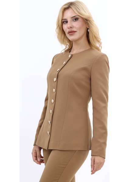 Sıfır Yaka Boydan Düğmeli Ceket-Camel fiyatları