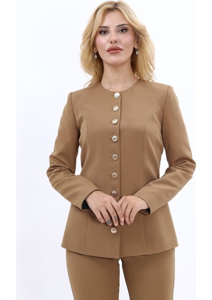 Sıfır Yaka Boydan Düğmeli Ceket-Camel indirimleri