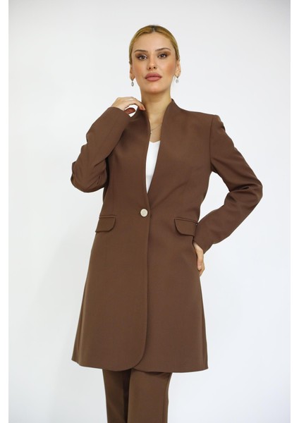 Kendinden Dik Yakalı Tek Düğmeli Uzun Ceket-Kestane