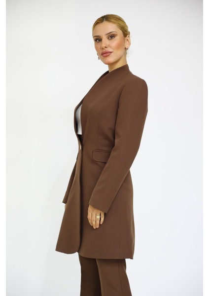Kendinden Dik Yakalı Tek Düğmeli Uzun Ceket-Kestane fiyatları