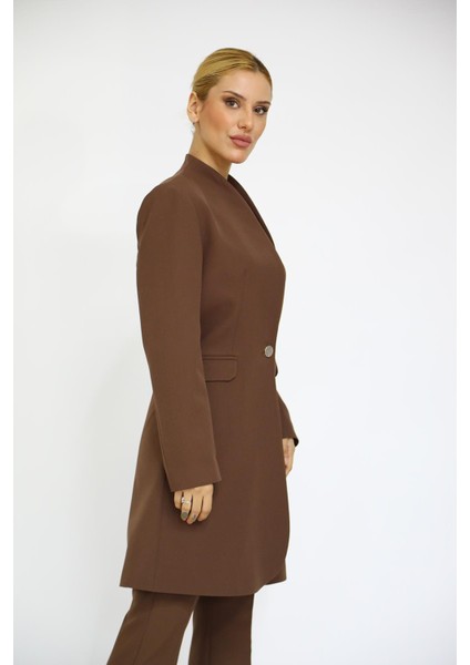 Kendinden Dik Yakalı Tek Düğmeli Uzun Ceket-Kestane fırsatları