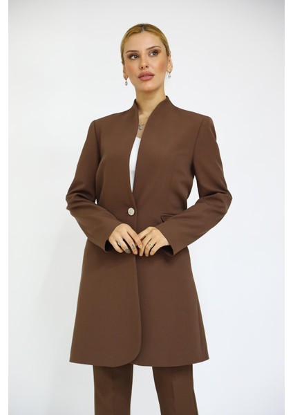 Kendinden Dik Yakalı Tek Düğmeli Uzun Ceket-Kestane indirimleri