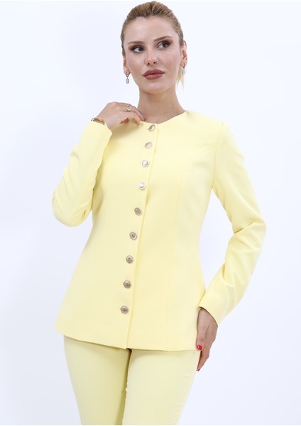 Sıfır Yaka Boydan Düğmeli Ceket-Sarı