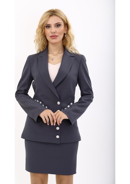 Erkek Yaka Düğme Detaylı Ceket-Füme indirimleri