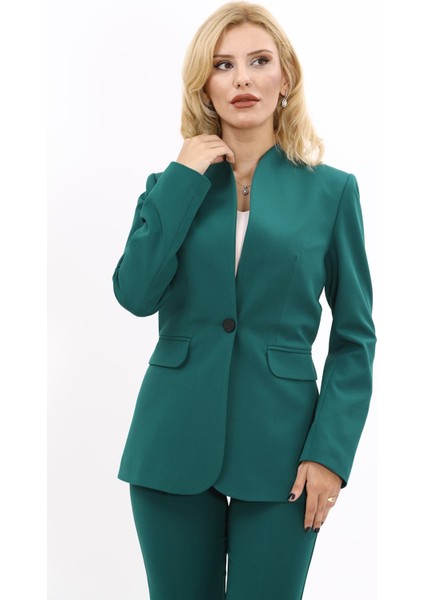 Kendinden Dik Yakalı Ceket-Zümrüt