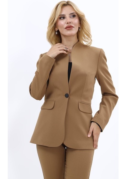 Kendinden Dik Yakalı Ceket-Camel