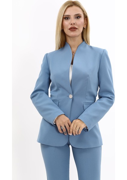 Kendinden Dik Yakalı Ceket-Deniz
