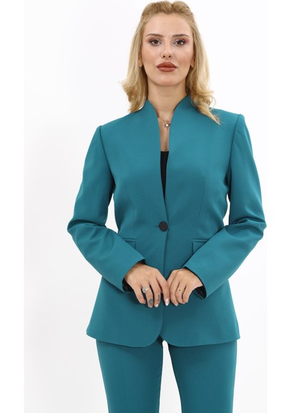 Kendinden Dik Yakalı Ceket-Petrol