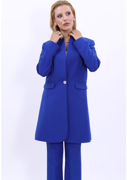 Kendinden Dik Yakalı Tek Düğmeli Uzun Ceket-Saks fiyatları