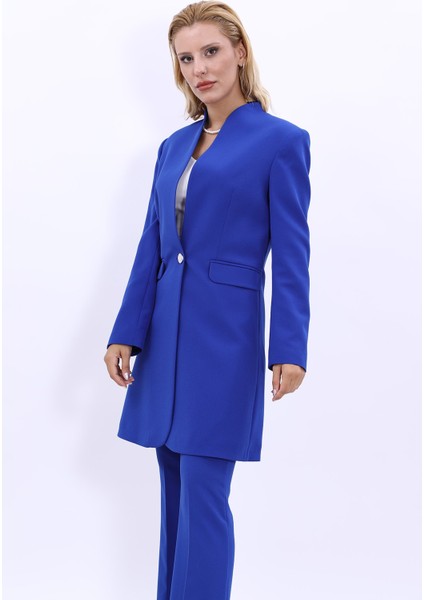 Kendinden Dik Yakalı Tek Düğmeli Uzun Ceket-Saks modelleri