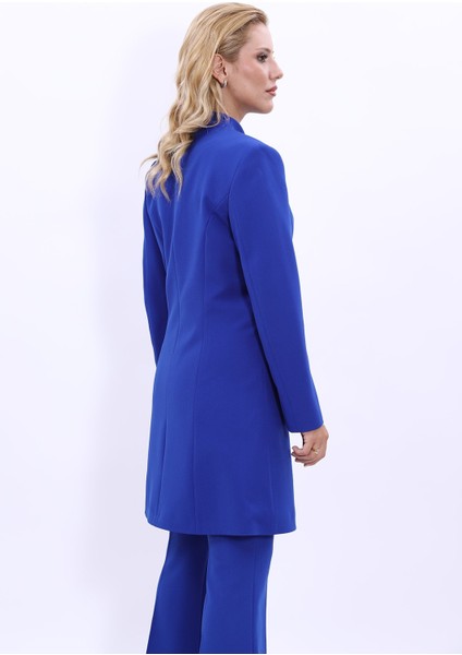 Kendinden Dik Yakalı Tek Düğmeli Uzun Ceket-Saks fırsatları