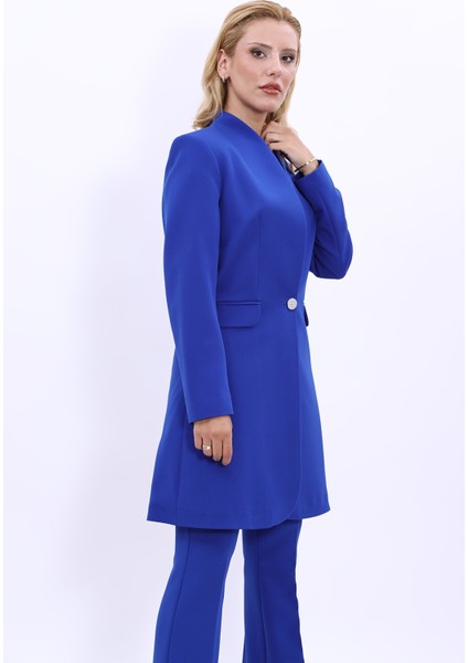 Kendinden Dik Yakalı Tek Düğmeli Uzun Ceket-Saks indirimleri