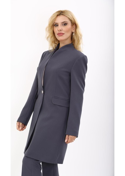 Kendinden Dik Yakalı Tek Düğmeli Uzun Ceket-Füme fiyatları