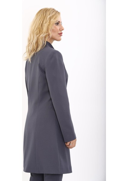 Kendinden Dik Yakalı Tek Düğmeli Uzun Ceket-Füme modelleri