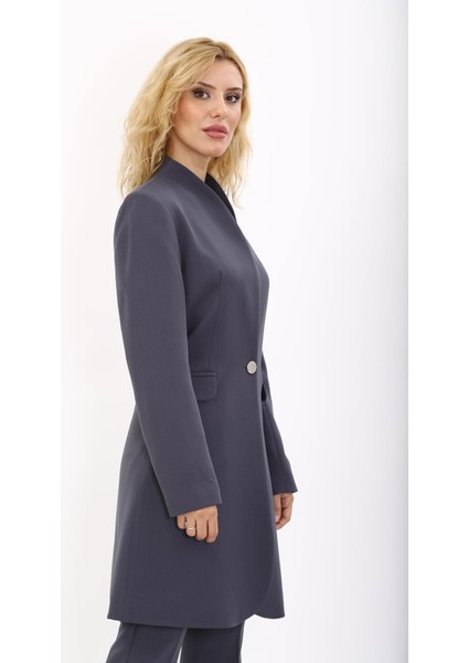 Kendinden Dik Yakalı Tek Düğmeli Uzun Ceket-Füme fırsatları