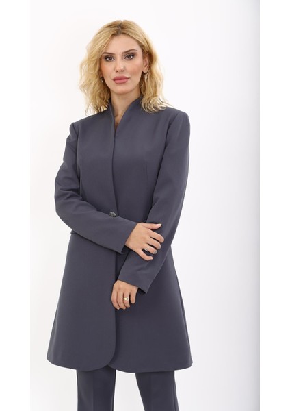 Kendinden Dik Yakalı Tek Düğmeli Uzun Ceket-Füme indirimleri