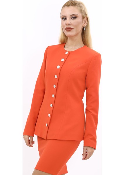 Sıfır Yaka Boydan Düğmeli Ceket-Turuncu