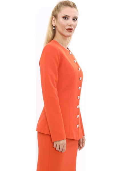 Sıfır Yaka Boydan Düğmeli Ceket-Turuncu modelleri
