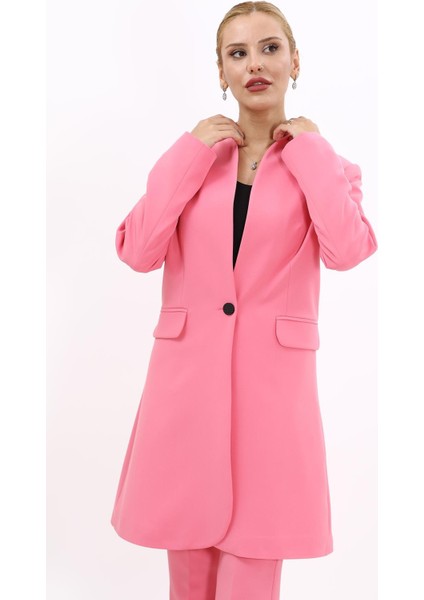 Kendinden Dik Yakalı Tek Düğmeli Uzun Ceket-Pembe