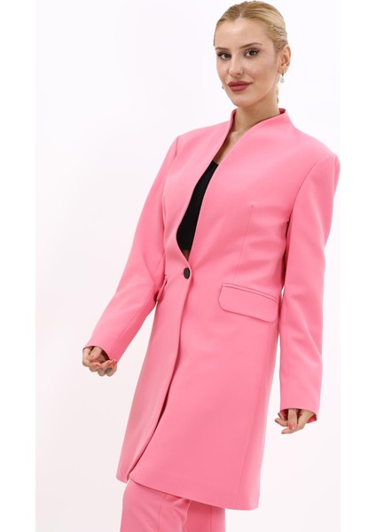 Kendinden Dik Yakalı Tek Düğmeli Uzun Ceket-Pembe fiyatları