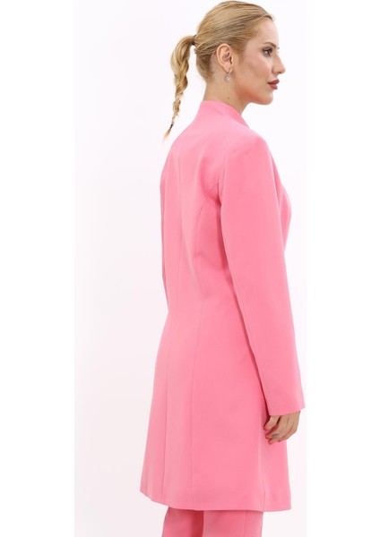 Kendinden Dik Yakalı Tek Düğmeli Uzun Ceket-Pembe modelleri