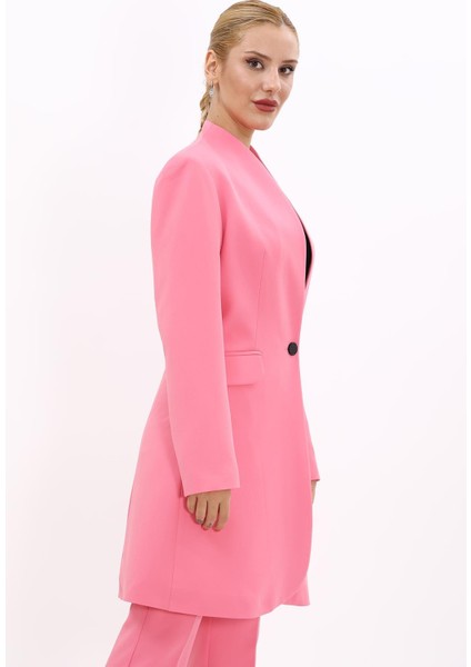 Kendinden Dik Yakalı Tek Düğmeli Uzun Ceket-Pembe fırsatları
