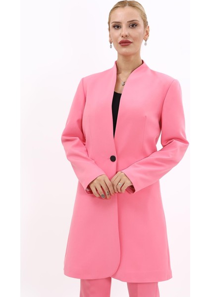 Kendinden Dik Yakalı Tek Düğmeli Uzun Ceket-Pembe indirimleri