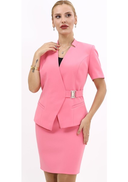 Hakim Yaka Yandan Tokalı Çapraz Ceket-Pembe