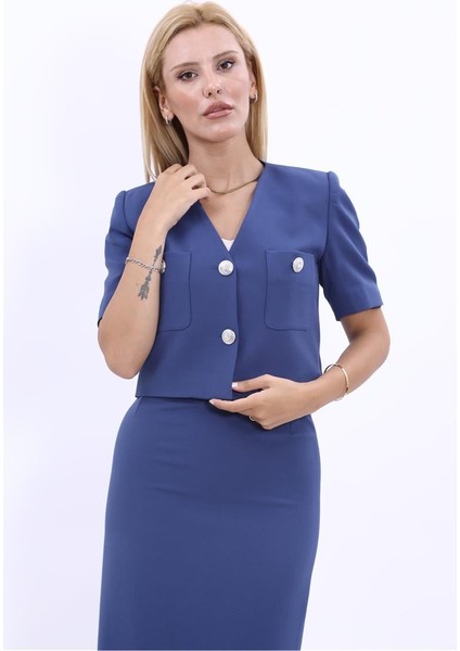 V Yaka Kısa Ceket-Indigo fiyatları
