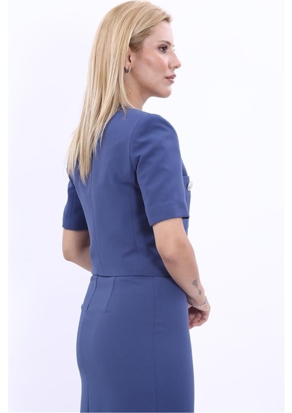 V Yaka Kısa Ceket-Indigo fırsatları