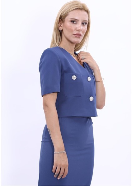 V Yaka Kısa Ceket-Indigo indirimleri