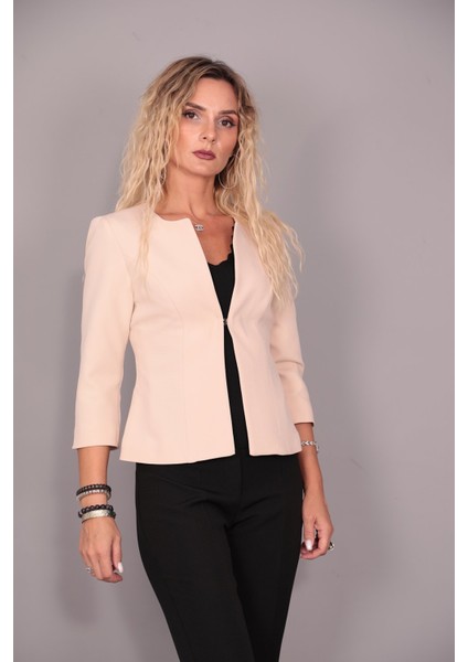 Sıfır Yaka Düz Kısa Ceket-Vizon