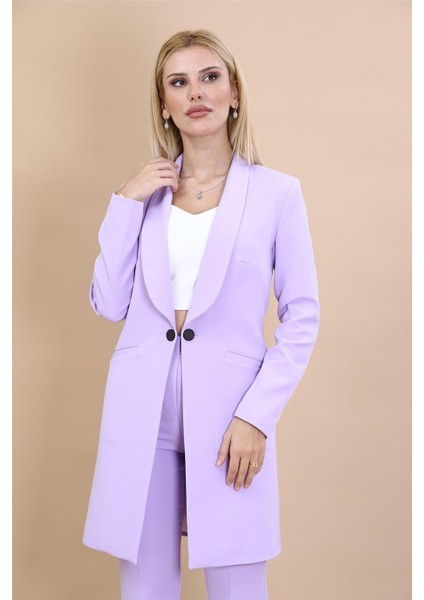 Şal Yaka Cepli Uzun Ceket-Menekşe