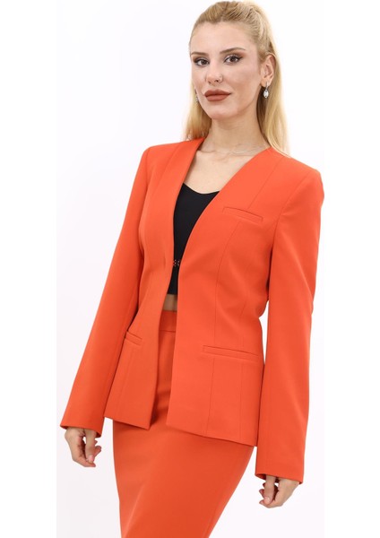 V Yaka Boydan Kuplu Kılasik Ceket-Turuncu