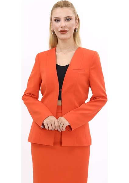 V Yaka Boydan Kuplu Kılasik Ceket-Turuncu fırsatları